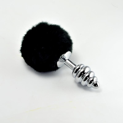 Plug Anal de Metal en Espiral con Pompon Negro Plug Anal de Metal en Espiral con Pompon Negro